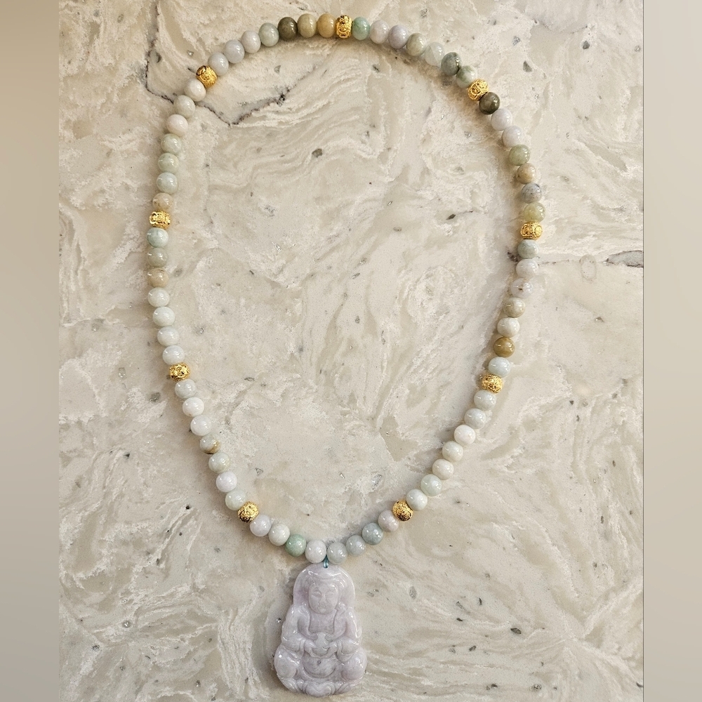 24kt Gold Plated Jade Bead Necklace with Carved Jade Guanyin Lotus